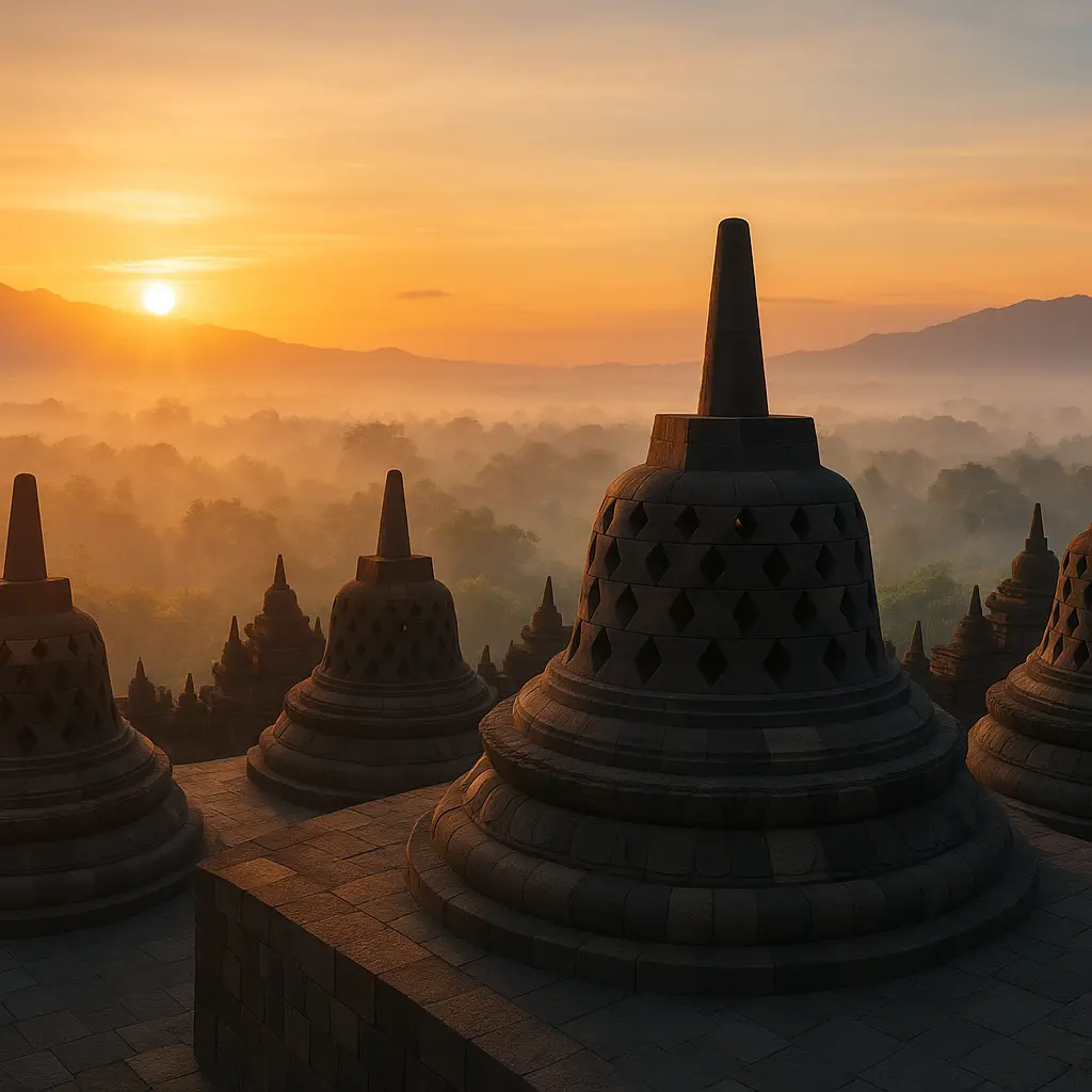 Panorama stupa Borobudur saat matahari terbit