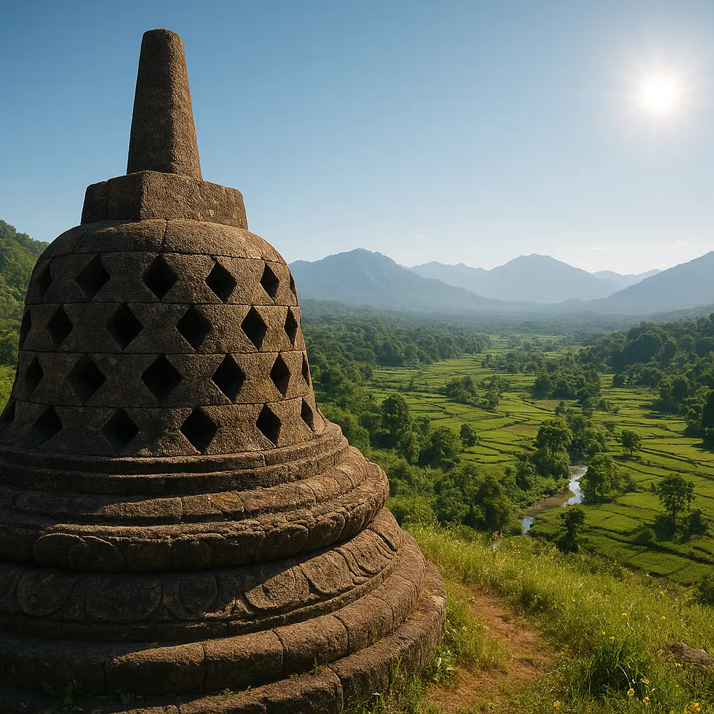 Stupa berlubang dengan lanskap hijau