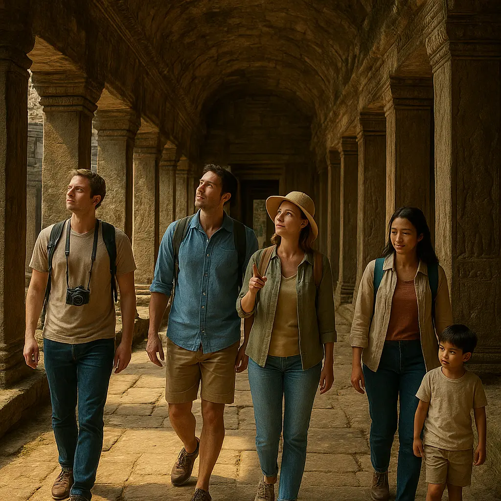 Wisatawan berjalan di koridor candi